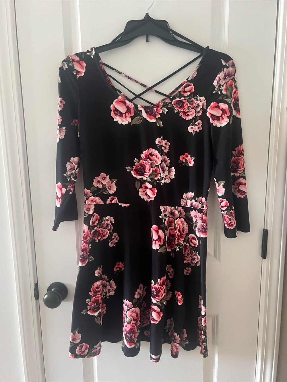by & by Black Midi Dress with Pink Rose Print and Crisscross Neckline